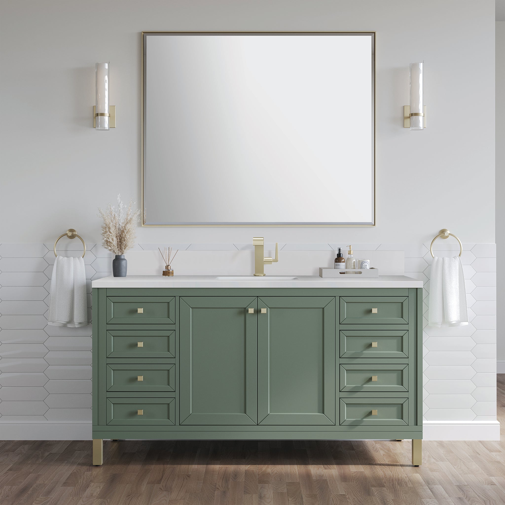 James Martin Chicago 60" Single Bathroom Vanity, Smokey Celadon with White Zeus (Single Hole, with Backsplash) countertop