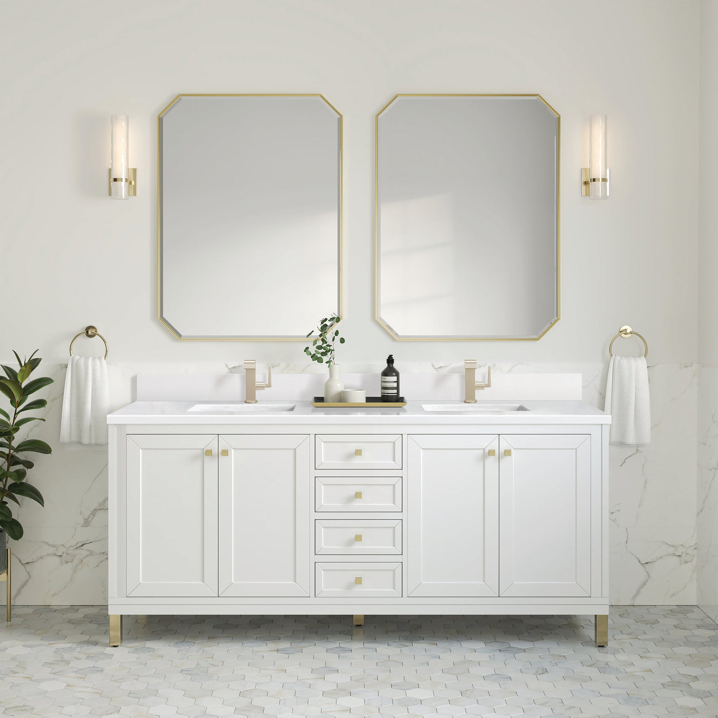 James Martin Chicago 72" Double Bathroom Vanity, Glossy White with White Zeus (Single Hole, with Backsplash) countertop