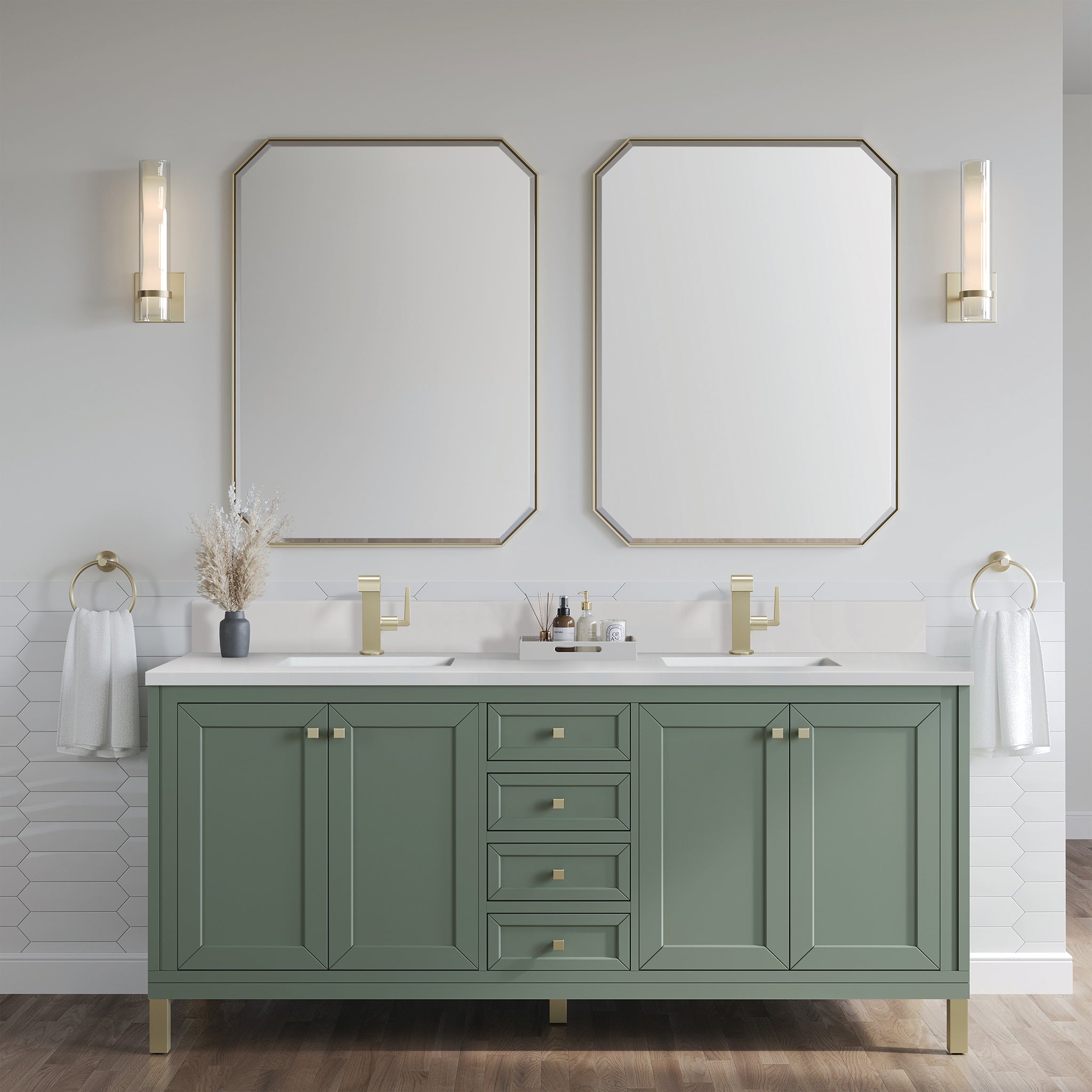 James Martin Chicago 72" Double Bathroom Vanity, Smokey Celadon with White Zeus (Single Hole, with Backsplash) countertop