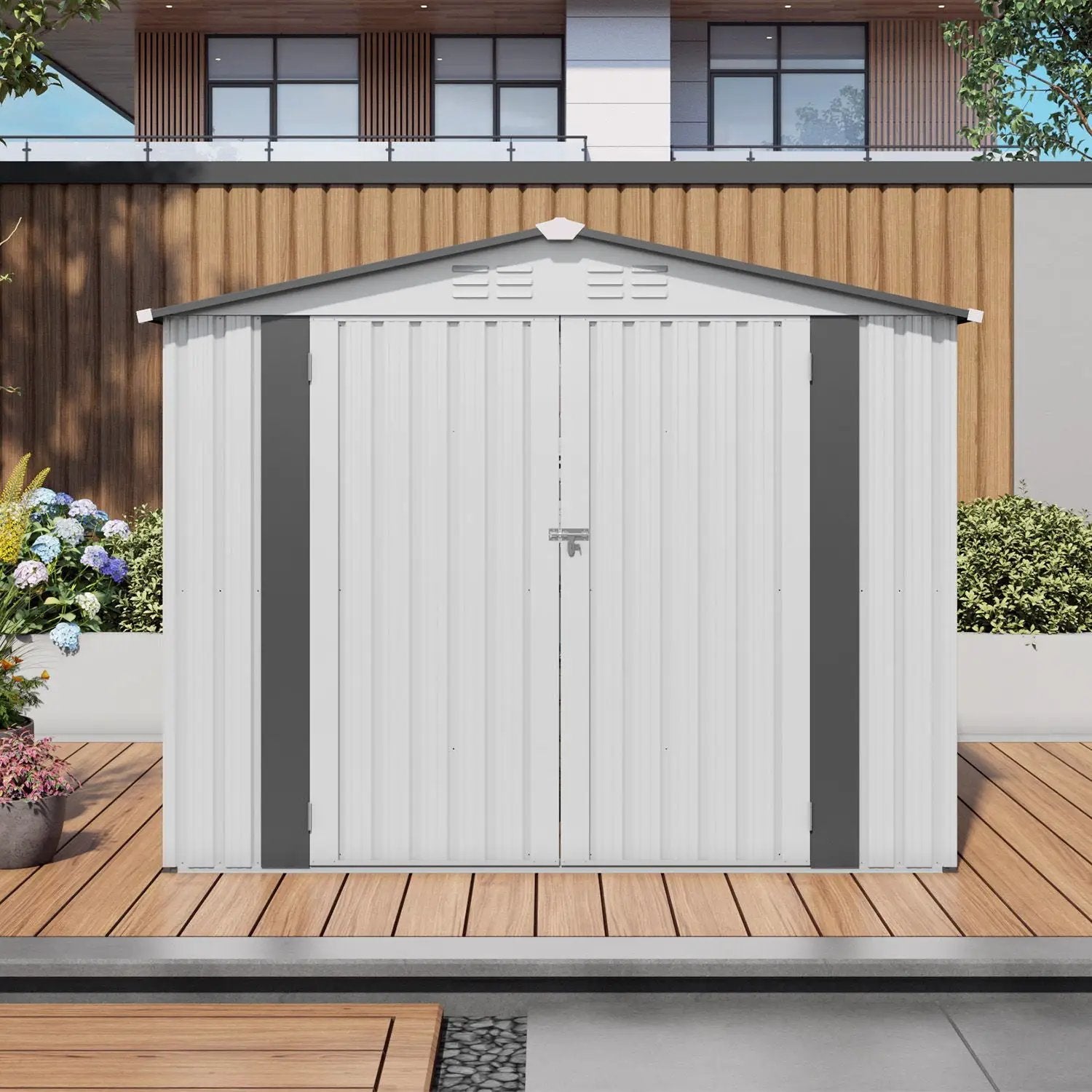 Outdoor Garden Storage Shed, Tool Shed With Pitched Roof Waterproof With 1 Window And 2 Lockable Door - White / Gray by HouseOfZazla
