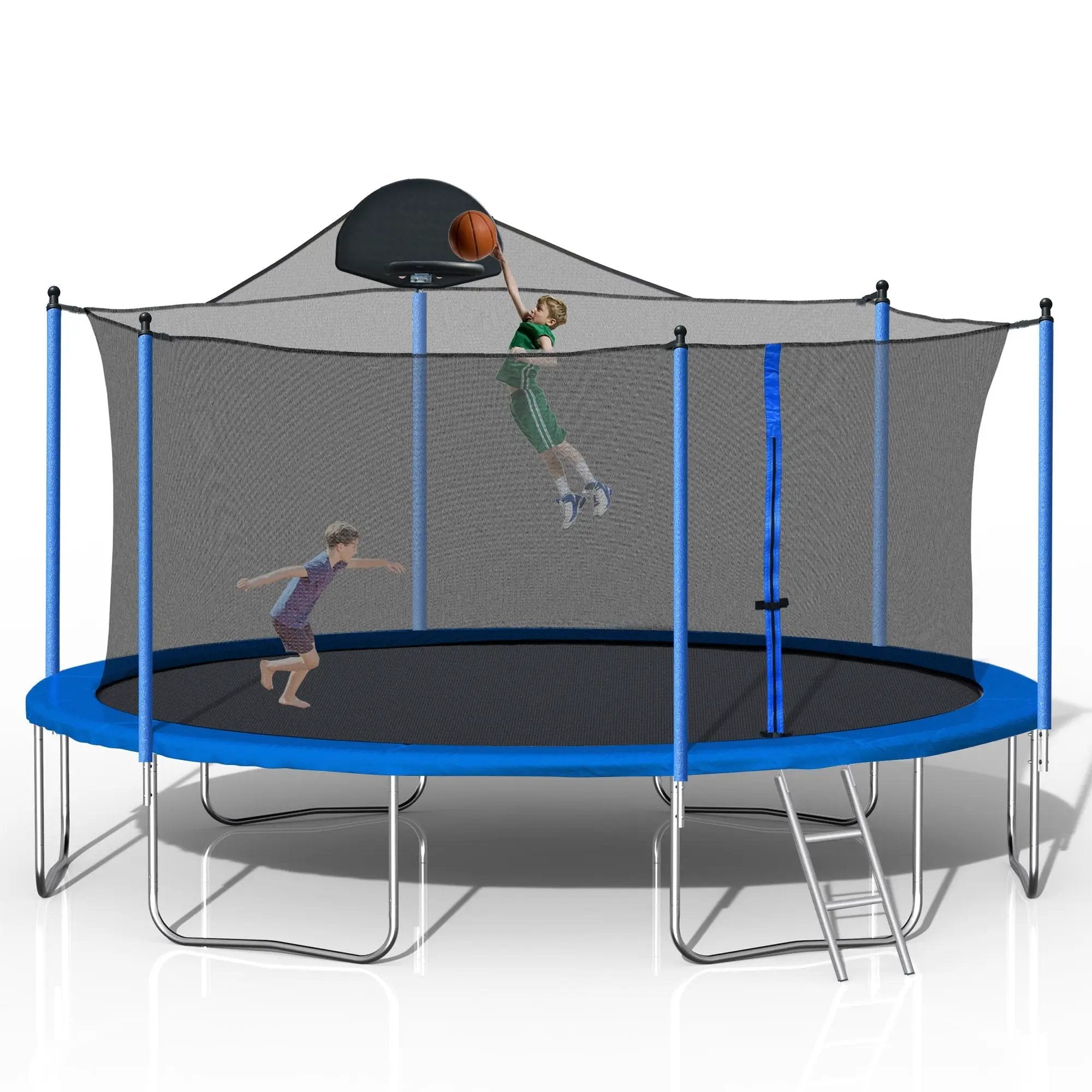 14Ft Trampoline For Adults & Kids With Basketball Hoop, Outdoor Trampolines With Ladder And Safety Enclosure Net For Kids And Adults - Blue by HouseOfZazla