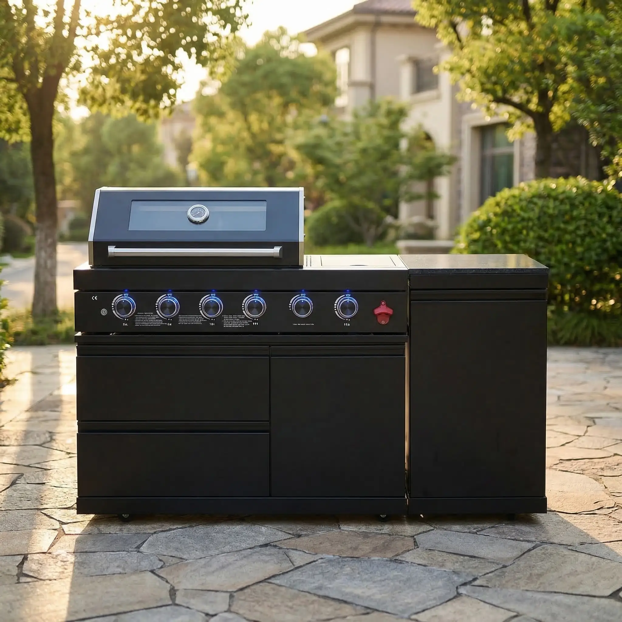 65" 4-Burner 72,000 BTU Black Outdoor Kitchen Island Grill +Side Burner + Marble Countertops by Chery Industrial