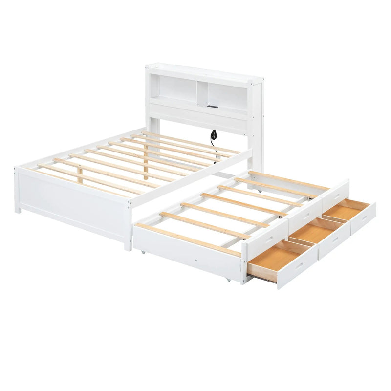 Full Size Platform Bed With Trundle, Drawers, USB Ports And Built In Shelves - White by Unique Piece Furniture