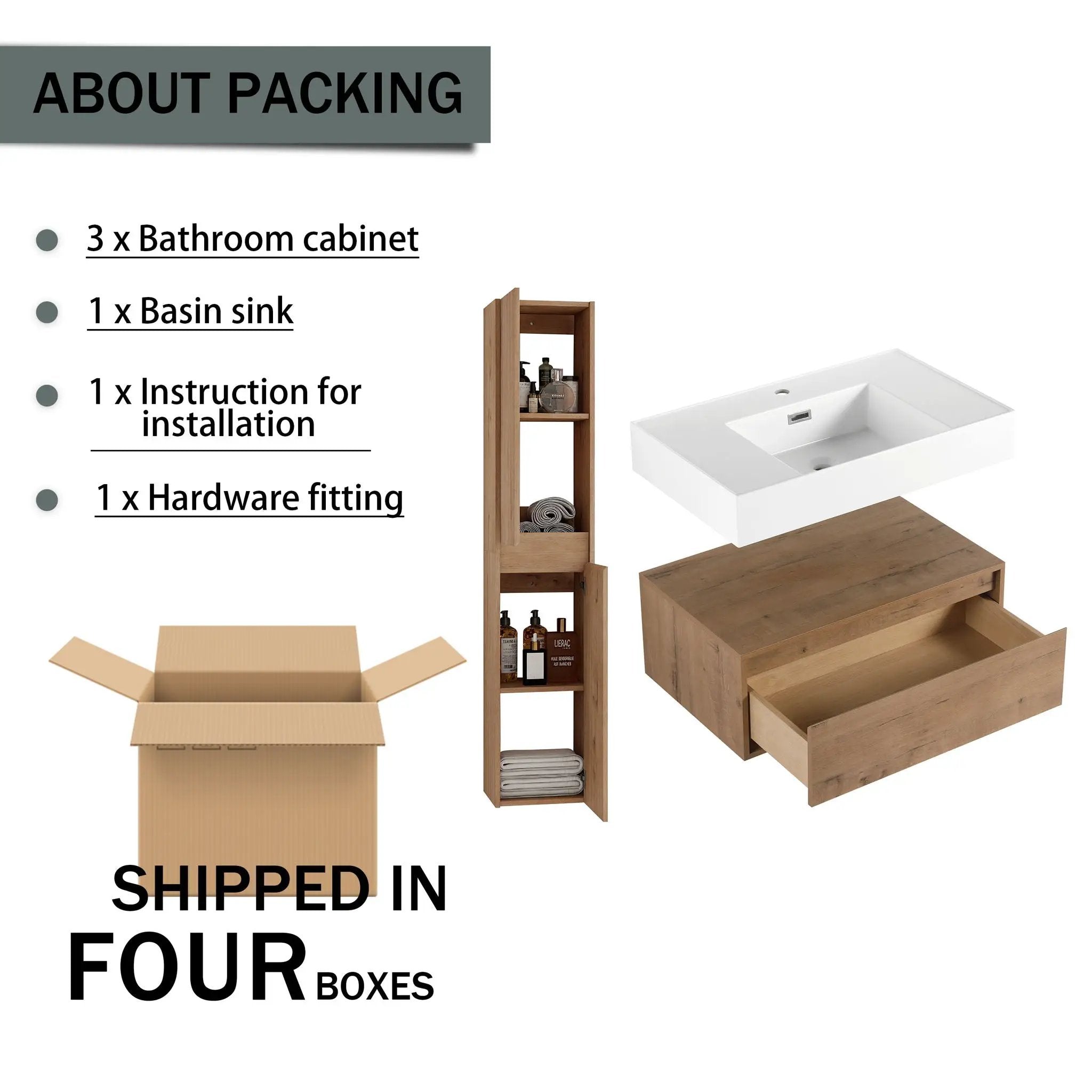 Modern Wall Mounted 30 Inch Bathroom Vanity With Resin Sink And 2 Side Cabinet In Imitative - Imitative Oak by Unique Piece Furniture