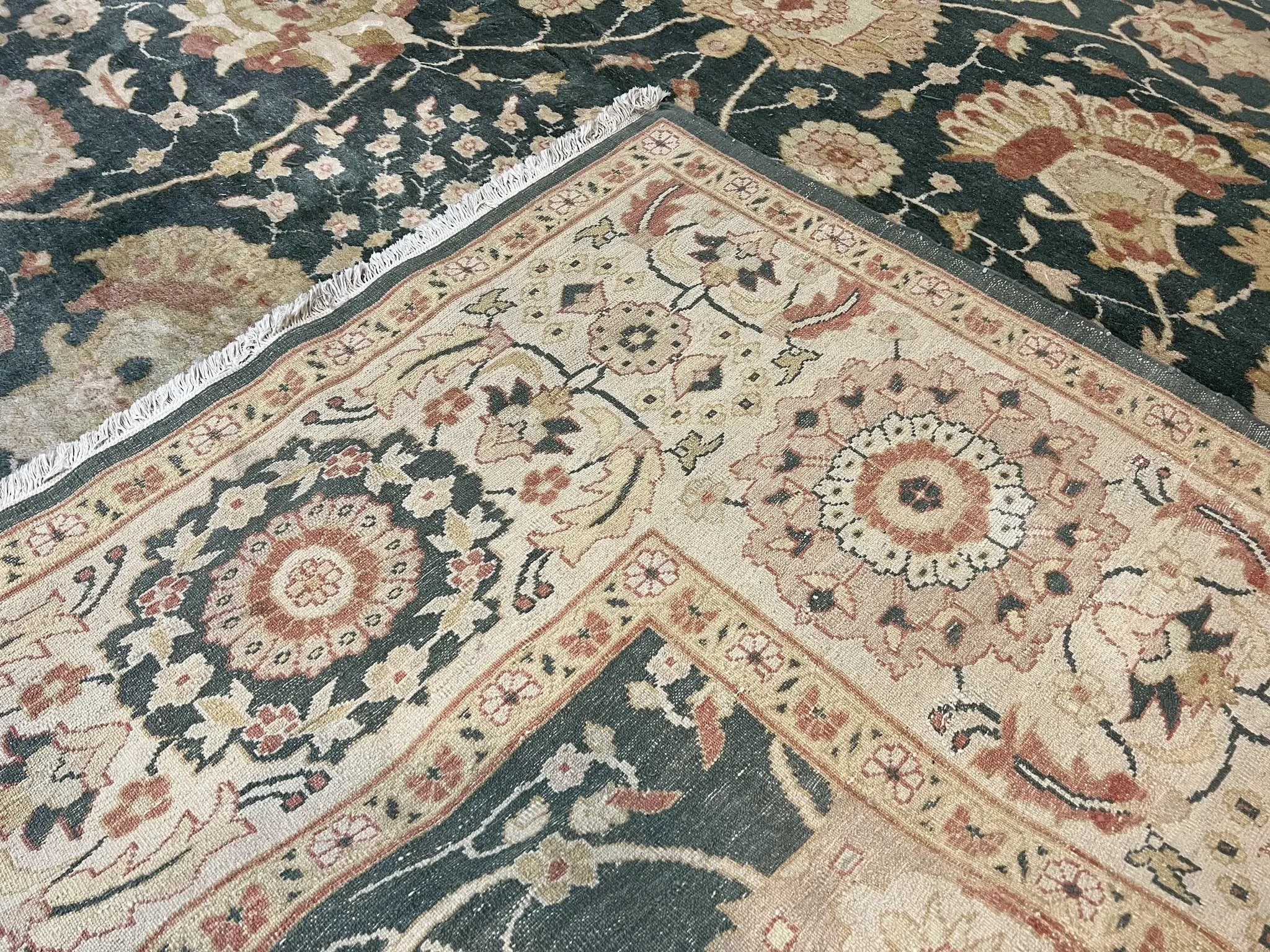 Egyptian Mahal Rug 10x14, Large Vintage Floral Hand Knotted Wool Carpet 10 x 14, Dark Green and Beige Traditional Handmade Persian Area Rug by Jewel Rugs