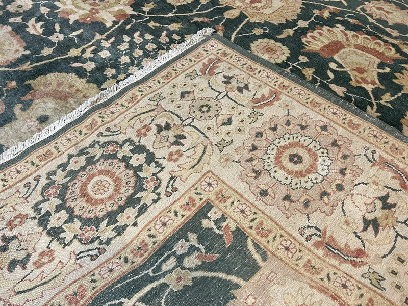 Egyptian Mahal Rug 10x14, Large Vintage Floral Hand Knotted Wool Carpet 10 x 14, Dark Green and Beige Traditional Handmade Persian Area Rug by Jewel Rugs