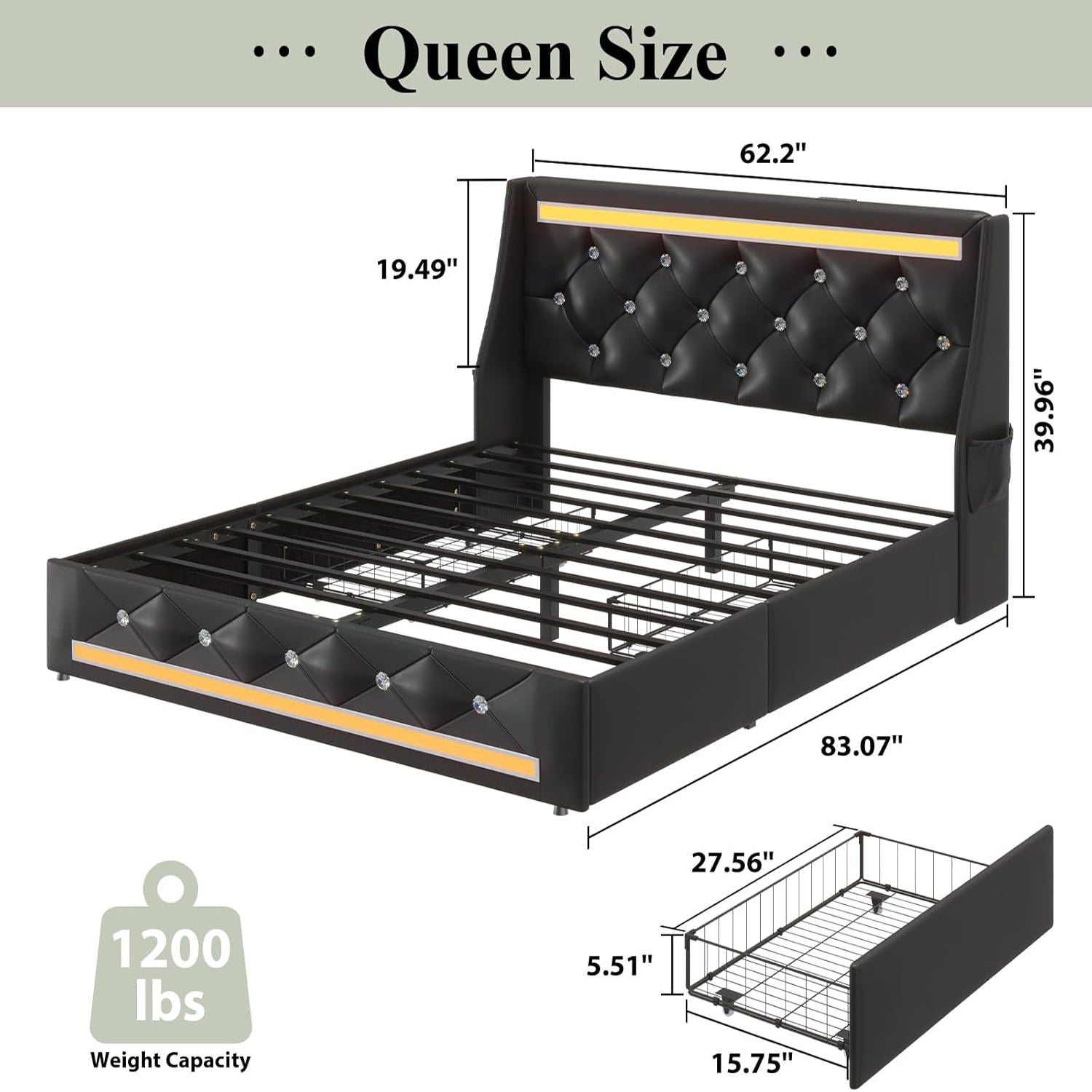 Wingback Upholstered Bed Frame With LED Lights, Charging Station by HouseOfZazla