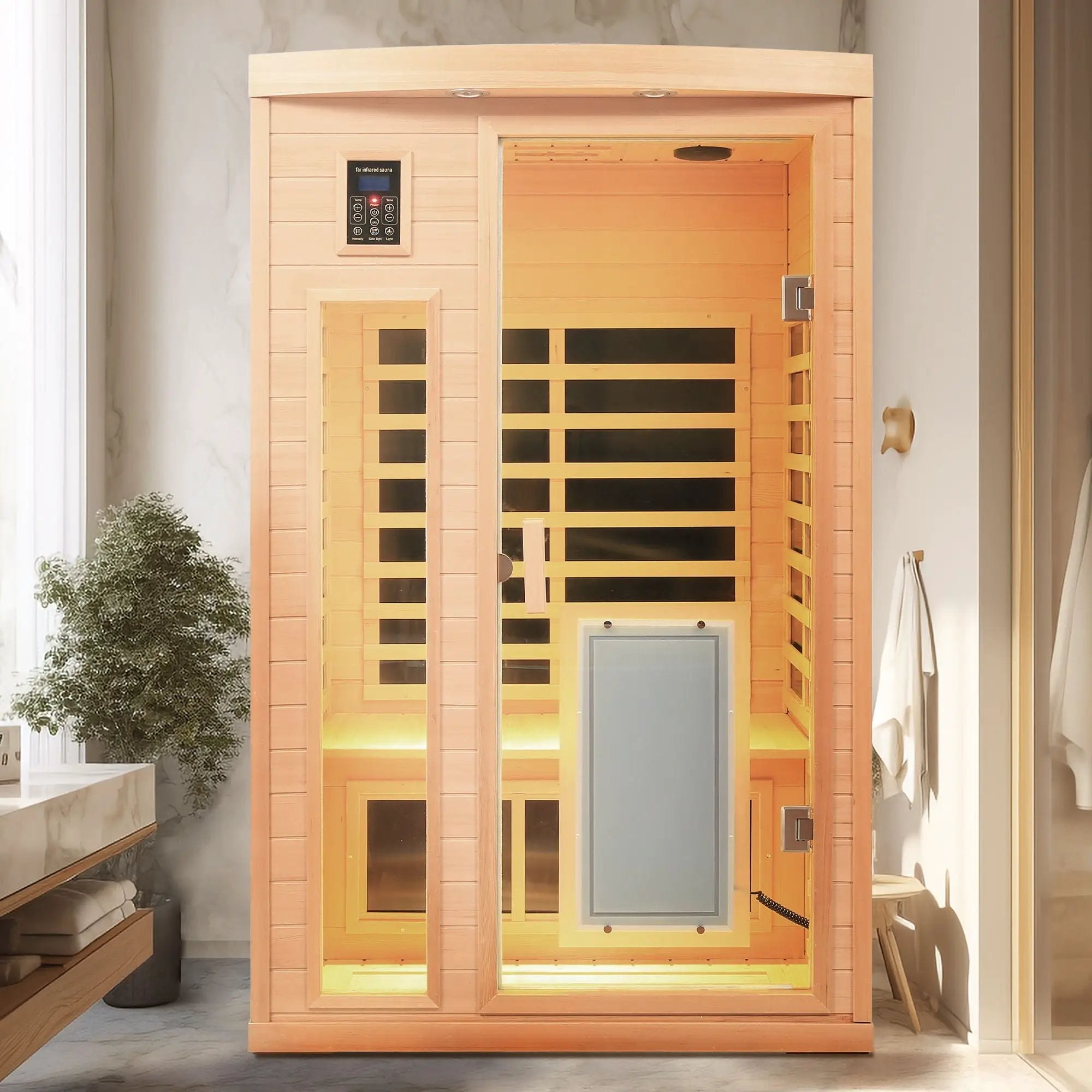 Low Emf Front Door With Heating Panel 2 Person Hemlock Far Infrared Indoor Suana Room - Natural by HouseOfZazla