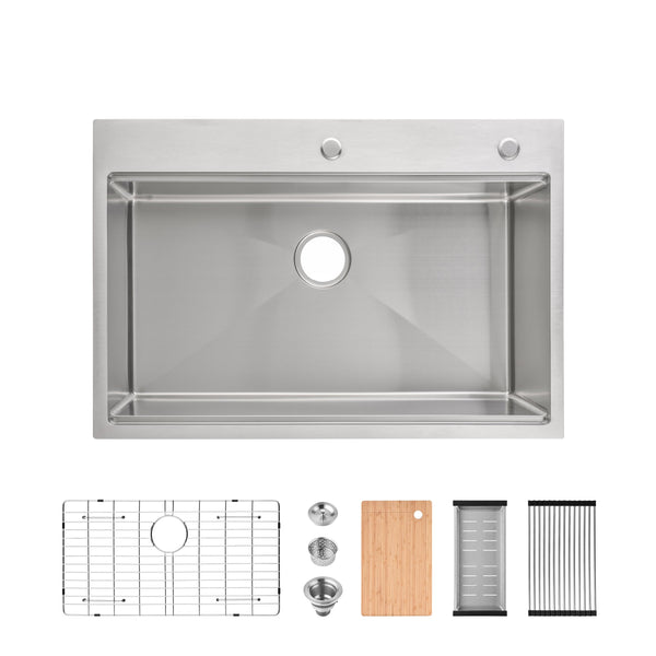 Stainless Steel Kitchen Sink, 33"x22" Single Bowl, Overmount Handmade Sink in Brushed