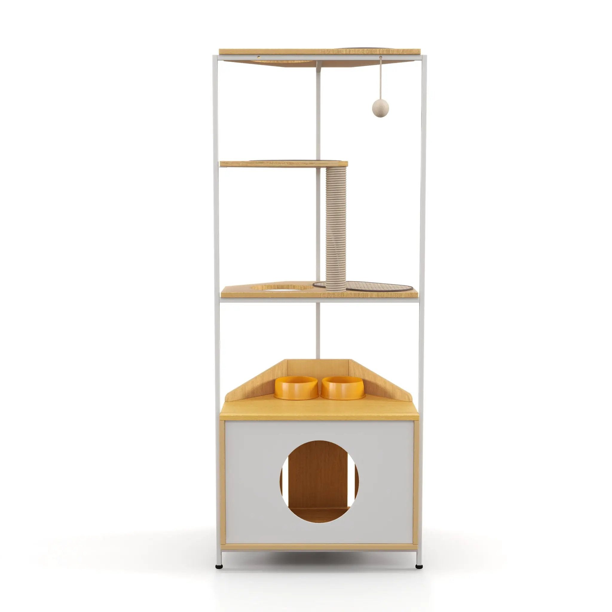 Corner Cat Tower, Cat Tree With Scratching Post, Cat Condo With Feeding Station And Climbing Platforms, Pet Furniture For Indoor Cats - White / Light Oak by HouseOfZazla