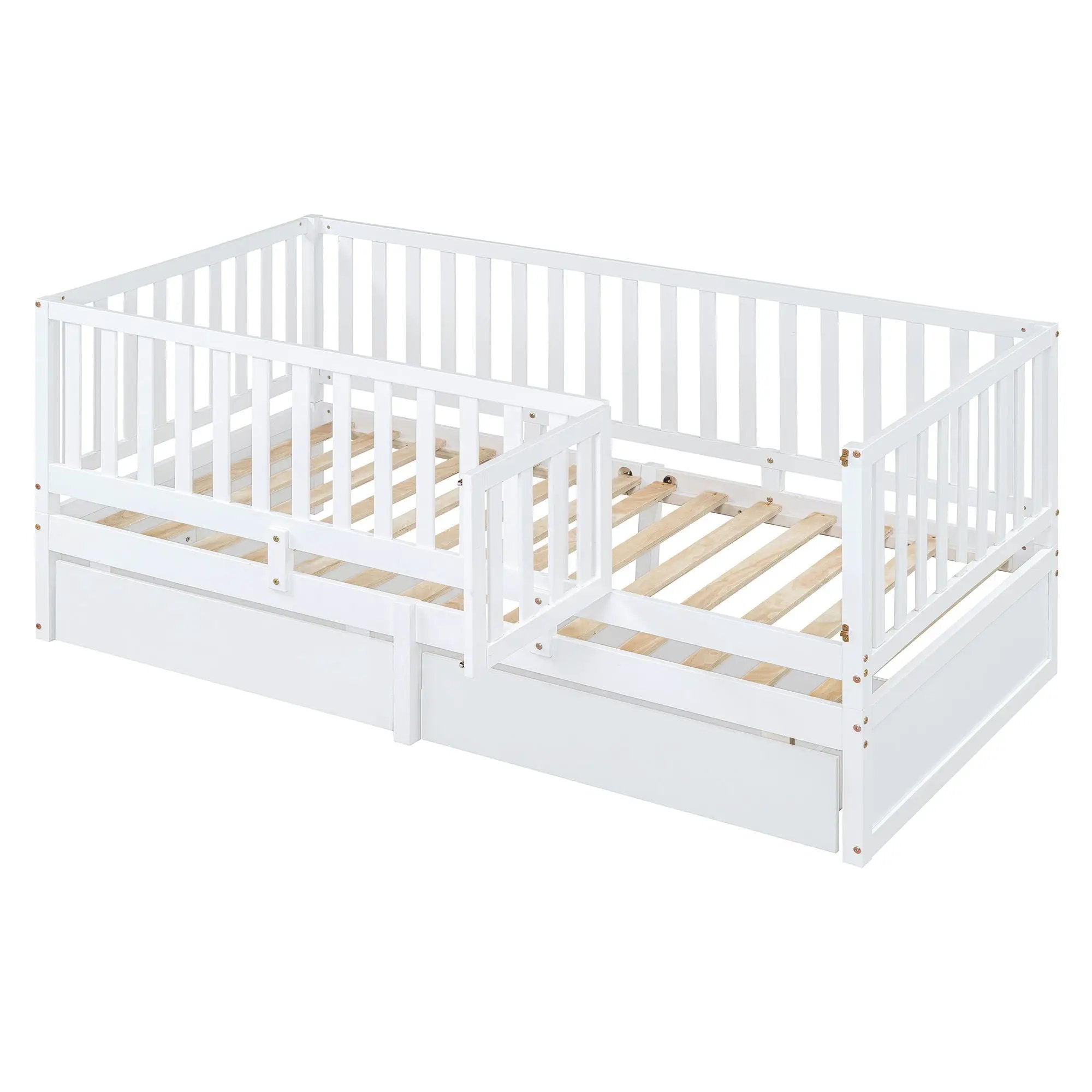 Daybed With Fence Guardrails And 2 Drawers, Split Into Independent Floor Bed & Daybed by HouseOfZazla