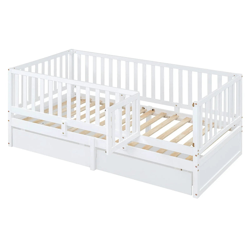Daybed With Fence Guardrails And 2 Drawers, Split Into Independent Floor Bed & Daybed by HouseOfZazla