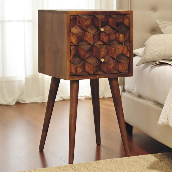 Solid Wood Mini Cube Nightstand, 2-Drawers, Chestnut