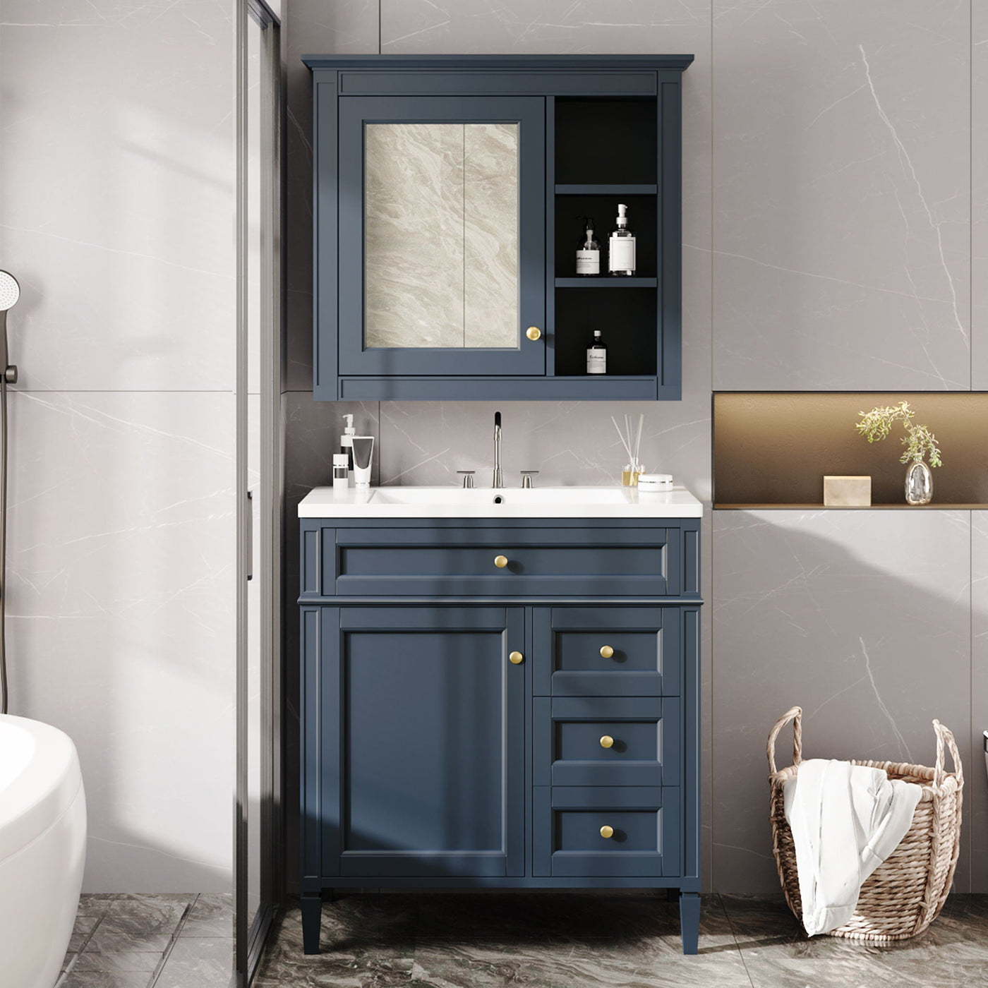 Bathroom Vanity With Top Sink, 2 Doors And 3 Drawers, Freestanding Set With Mirror Cabinet by Unique Piece Furniture