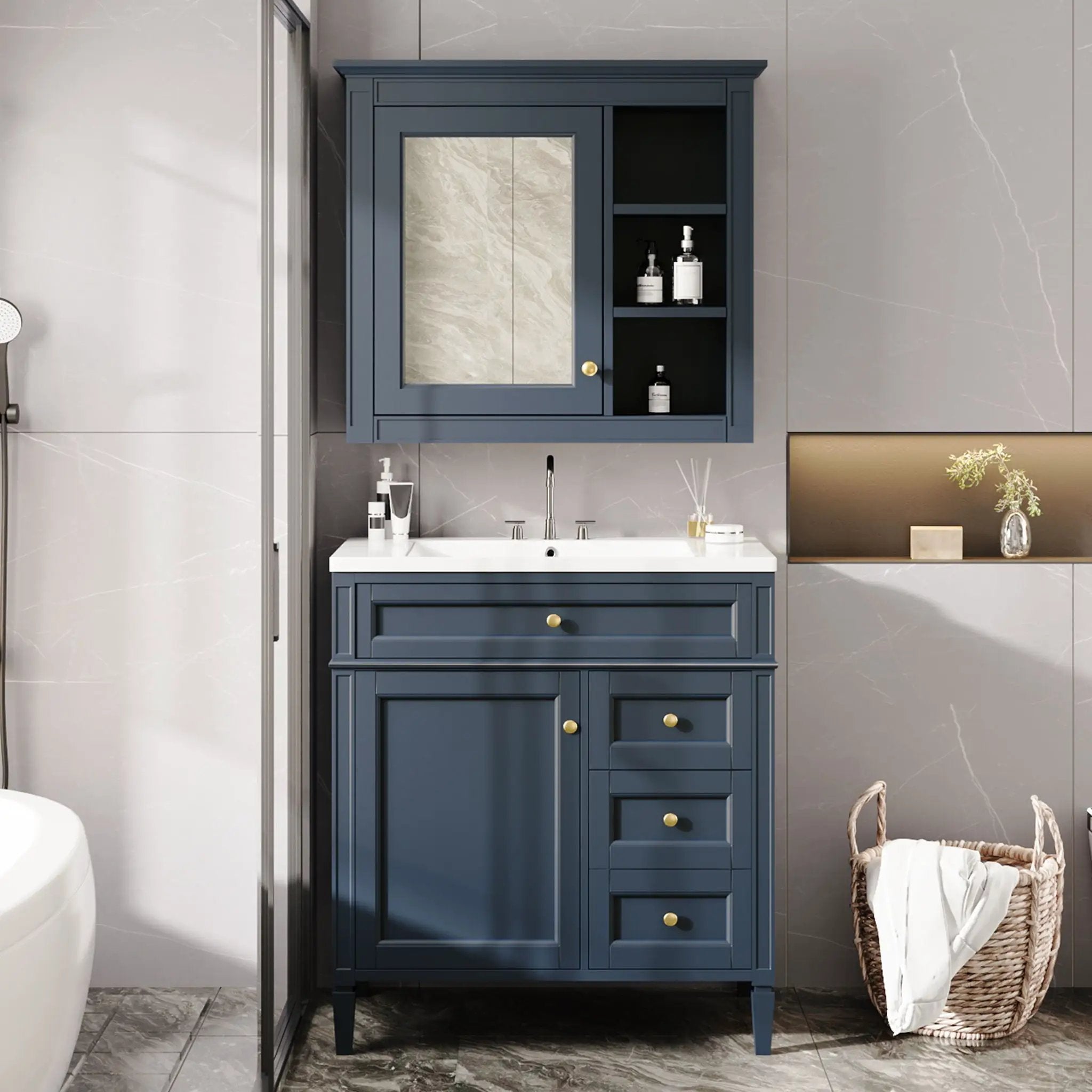 Bathroom Vanity With Top Sink, 2 Doors And 3 Drawers, Freestanding Set With Mirror Cabinet by Unique Piece Furniture