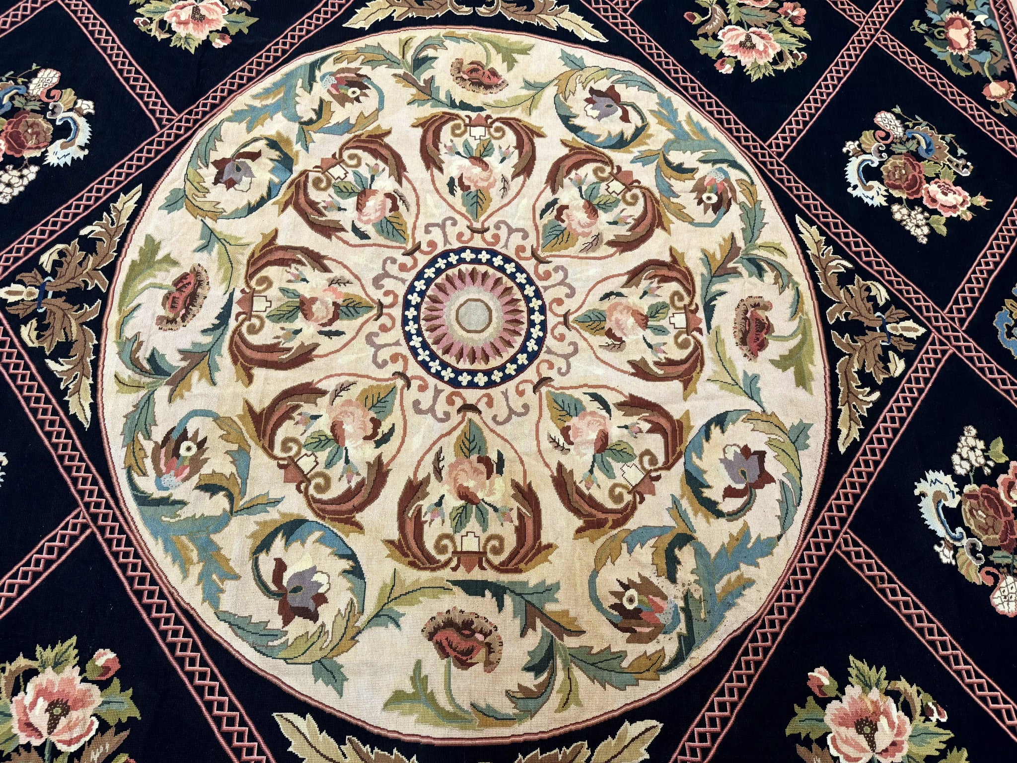 Palace Size Needlepoint Rug 12x20, European French English Aubusson Floral Design, Black and Beige by Jewel Rugs