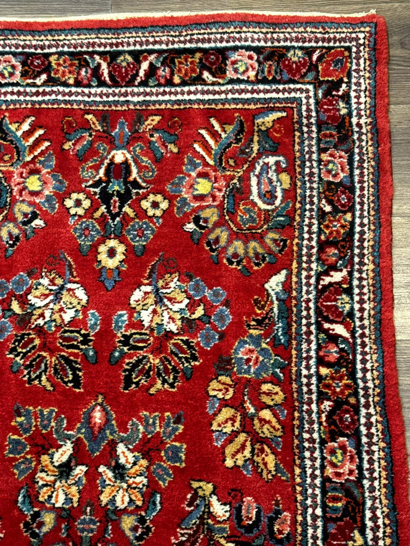 Persian Sarouk Runner Rug 3x12, Red Floral 3 x 12ft Runner, Vintage, Wool by Jewel Rugs
