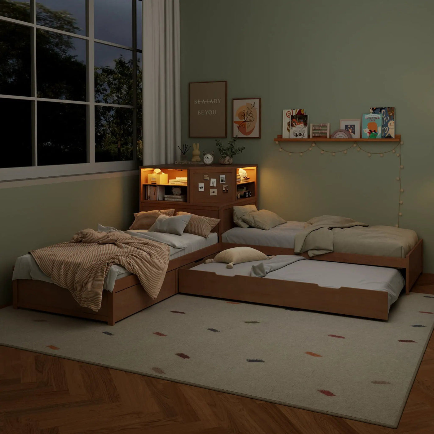 L-Shaped Bed Frame With Trundle, Built In Desk & LED Lighting by HouseOfZazla