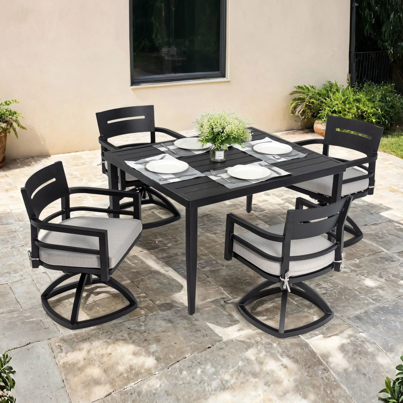 Outdoor Modern Dining Set, Chairs Sunbrella Cushioned And Dining Table With Umbrella Hole by HouseOfZazla