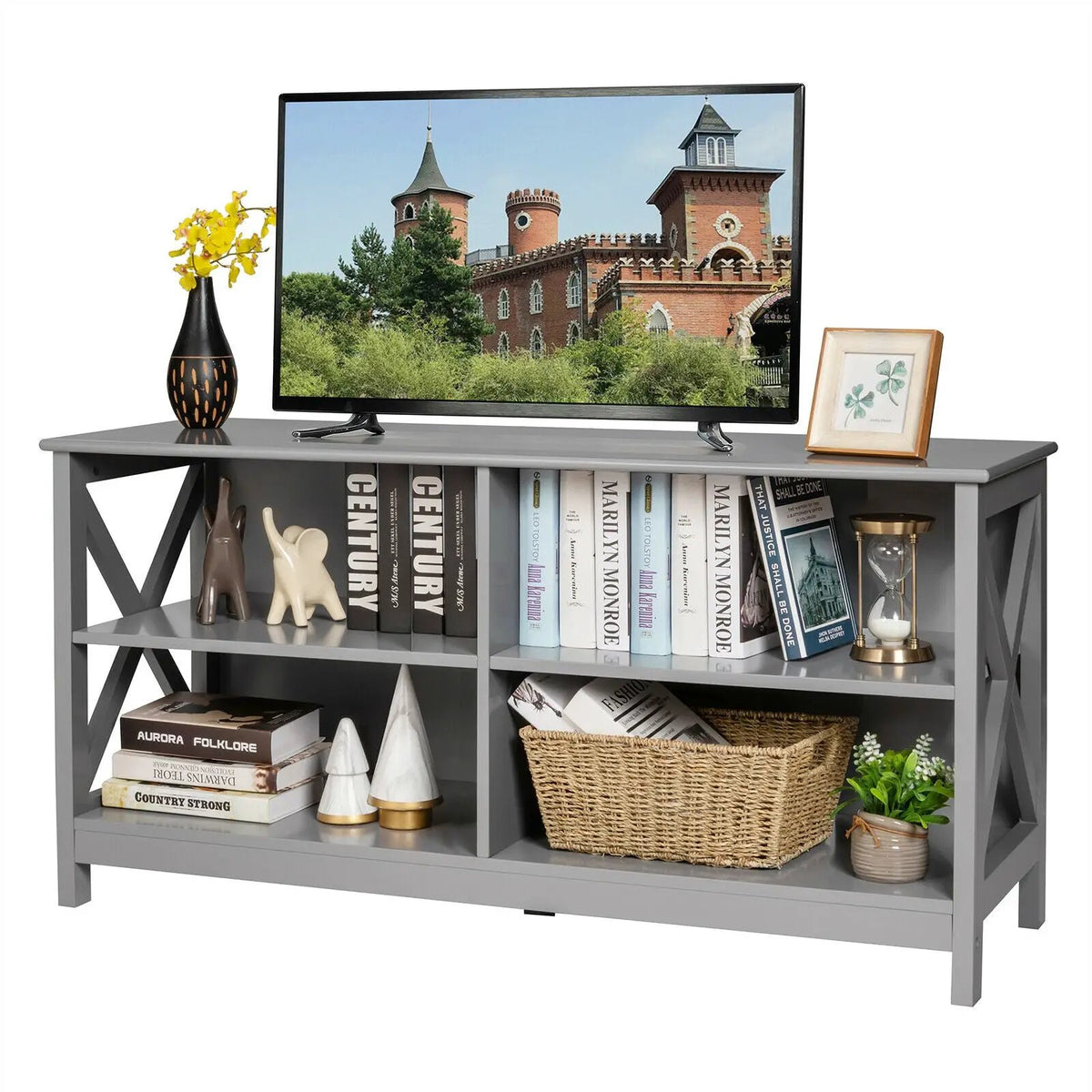 Wooden TV Stand Entertainment for TVs up to 55 Inch with X-Shaped Frame, photo 16 of 32
