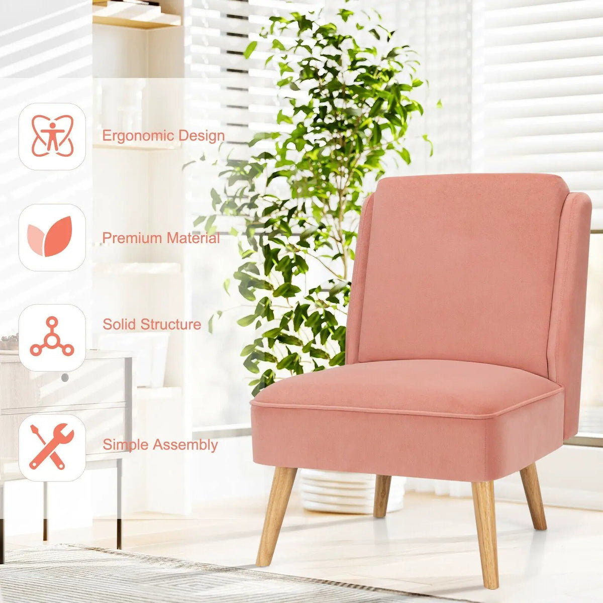 Velvet Accent Armless Side Chair with Rubber Wood Legs for Bedroom, photo 5 of 24