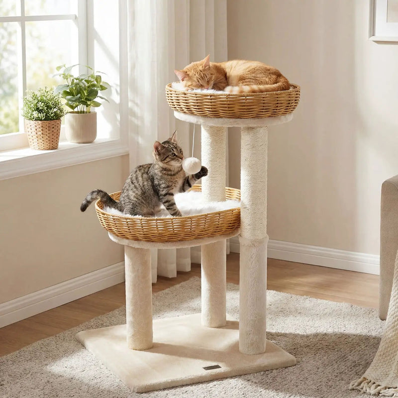 30-Inch Cat Tower with 2 Rattan Cat Baskets for Indoor Kittens by DirectDeals