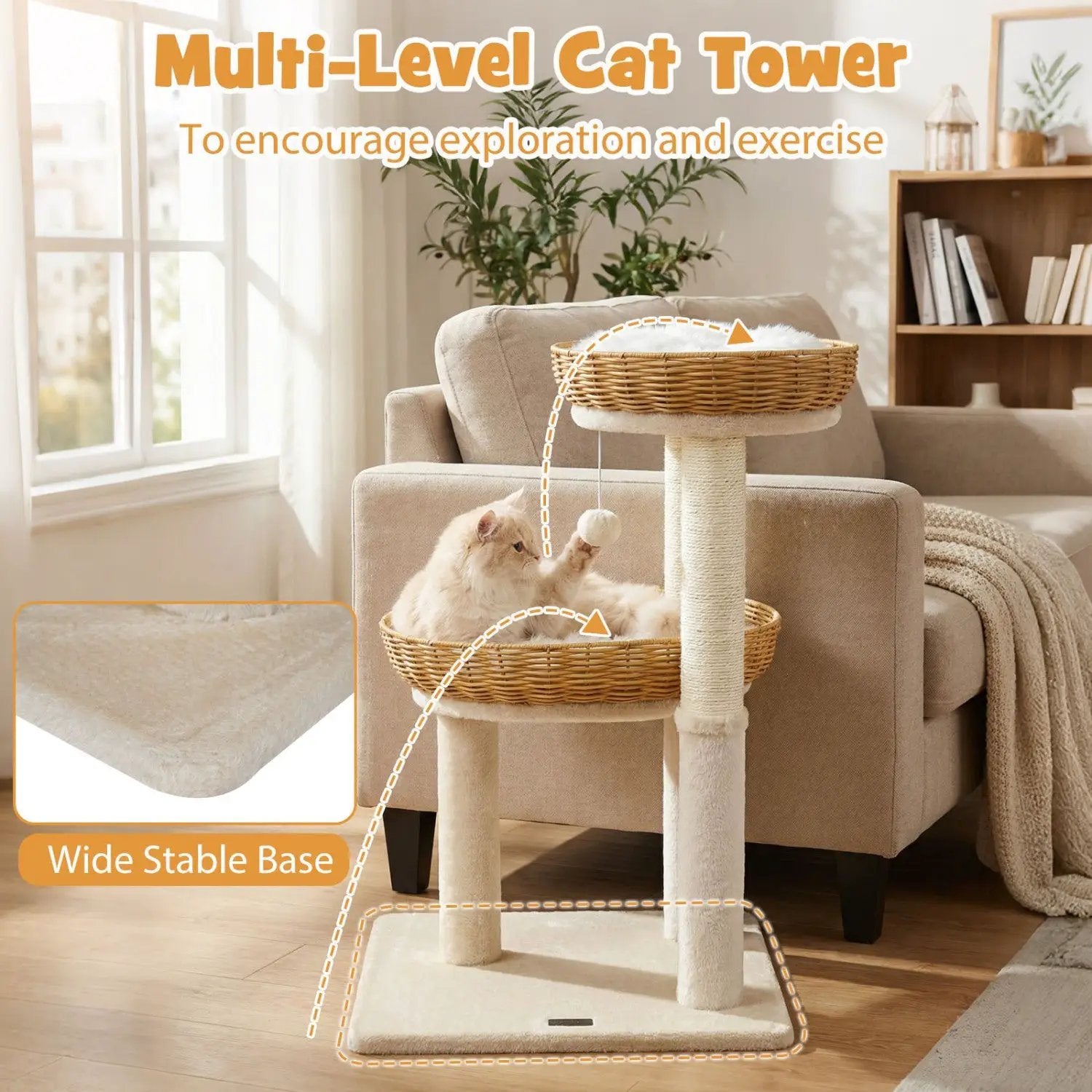 30-Inch Cat Tower with 2 Rattan Cat Baskets for Indoor Kittens by DirectDeals