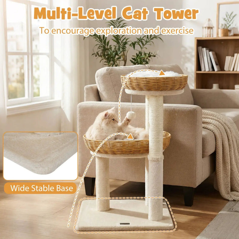30-Inch Cat Tower with 2 Rattan Cat Baskets for Indoor Kittens by DirectDeals