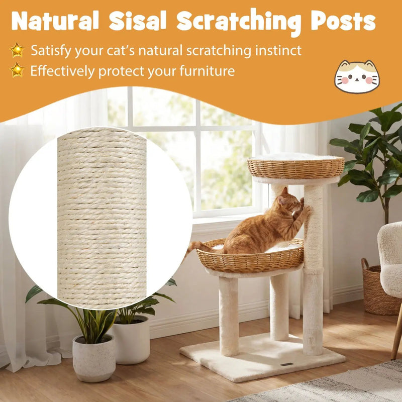 30-Inch Cat Tower with 2 Rattan Cat Baskets for Indoor Kittens by DirectDeals