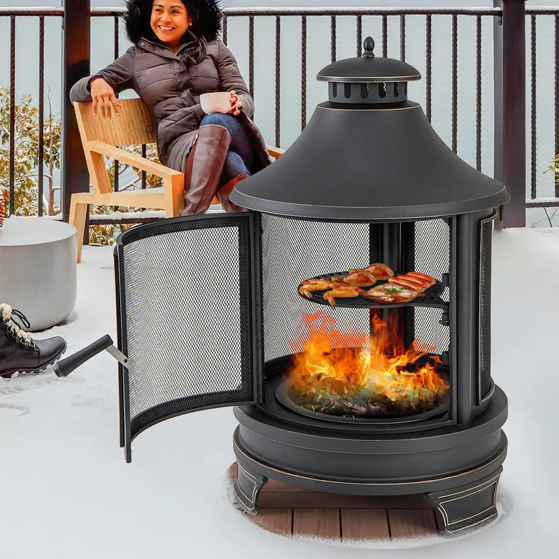 30 Inch Outdoor Fire Pit Chiminea with Grill for Garden BBQ by DirectDeals
