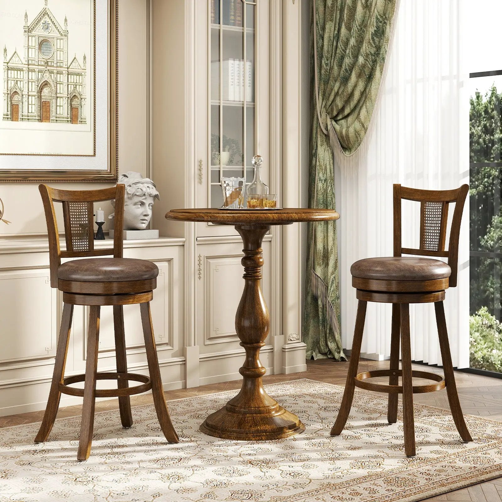 Swivel Bar Stools Set of 2 with Rattan Backrest - Brown by DirectDeals