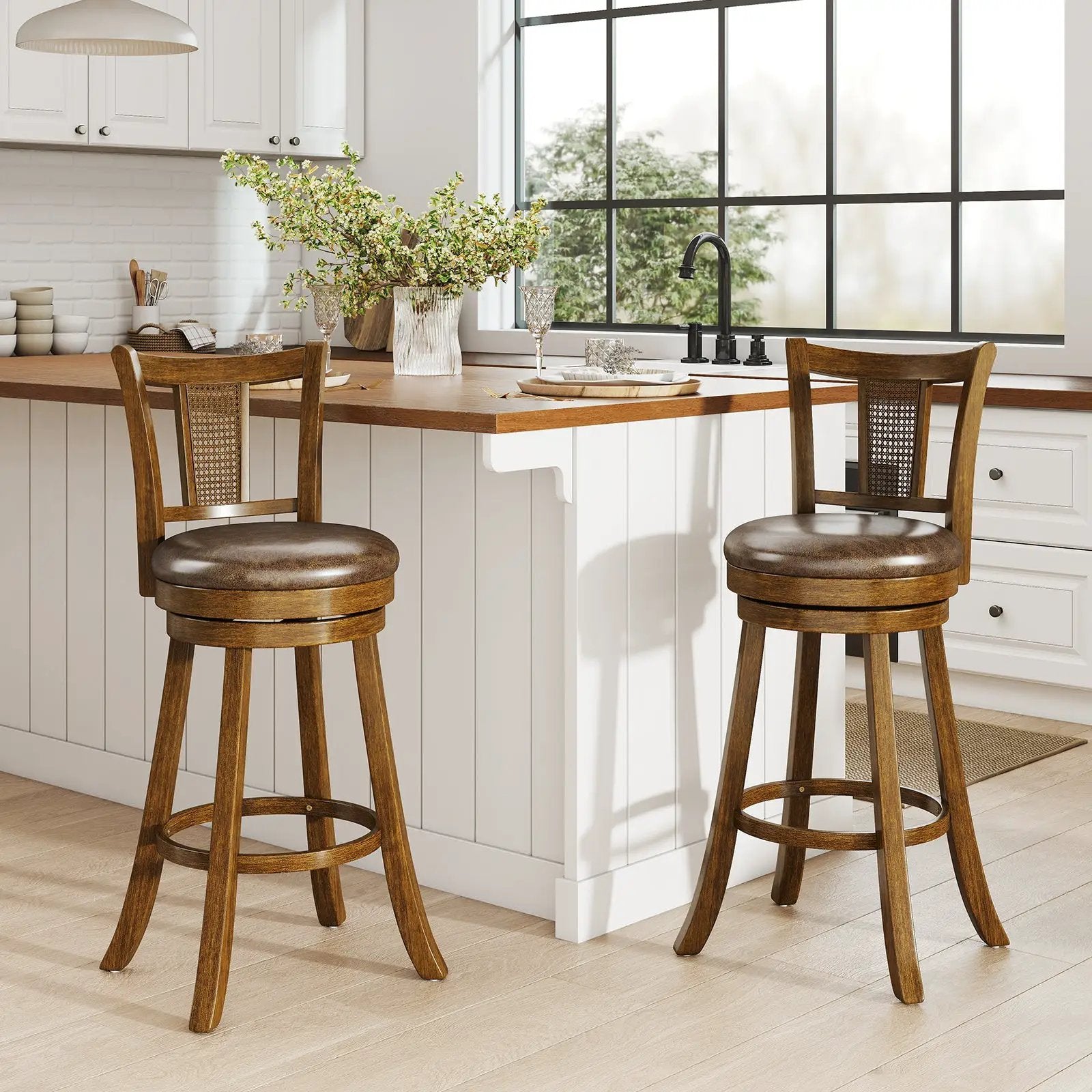 Swivel Bar Stools Set of 2 with Rattan Backrest - Brown by DirectDeals