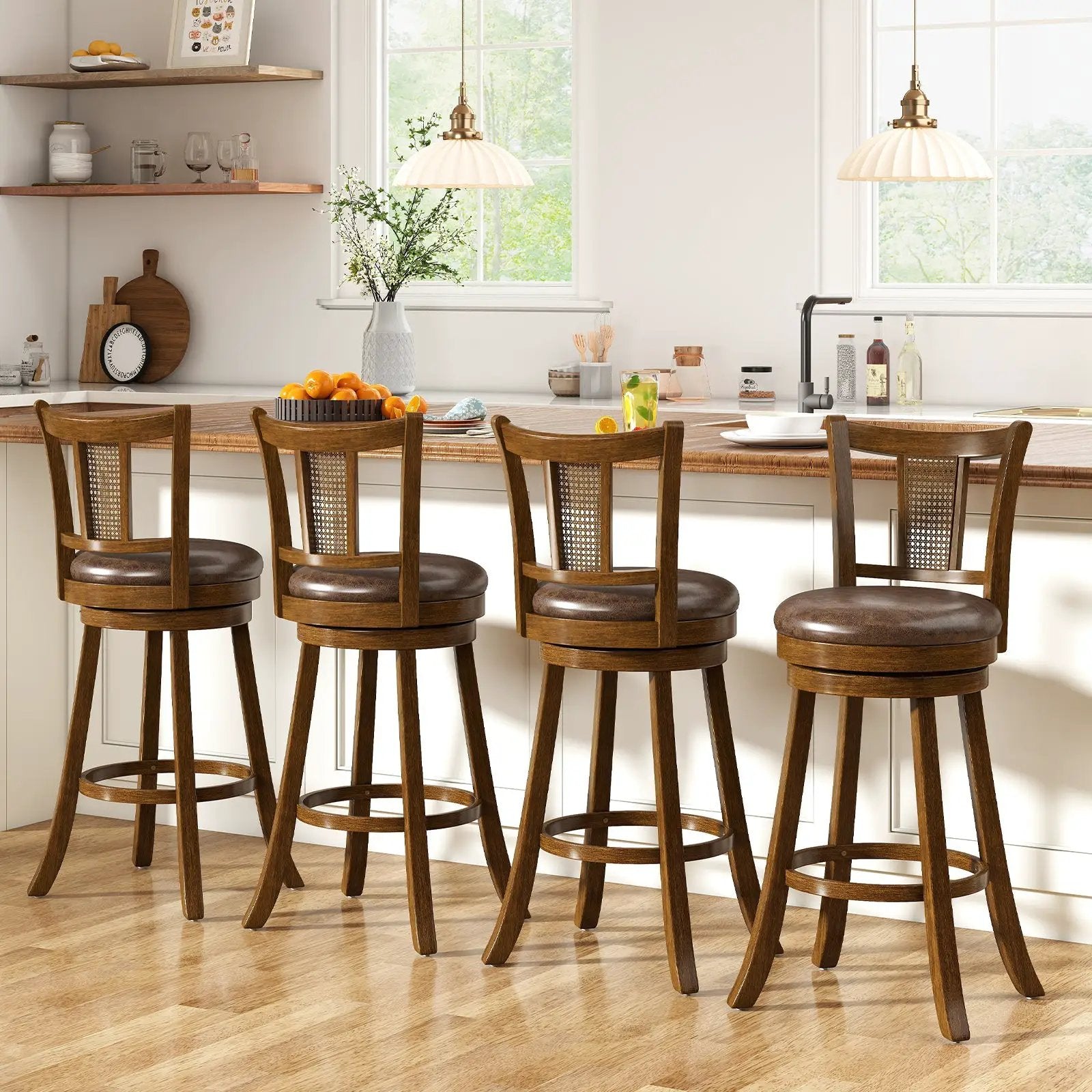 Swivel Bar Stools Set of 2 with Rattan Backrest - Brown by DirectDeals