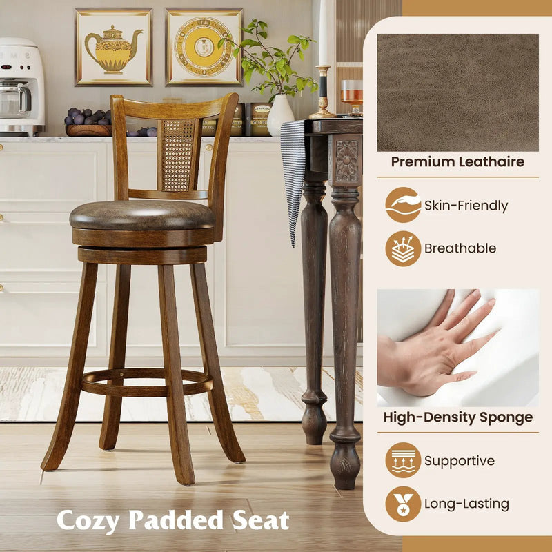 Swivel Bar Stools Set of 2 with Rattan Backrest - Brown by DirectDeals