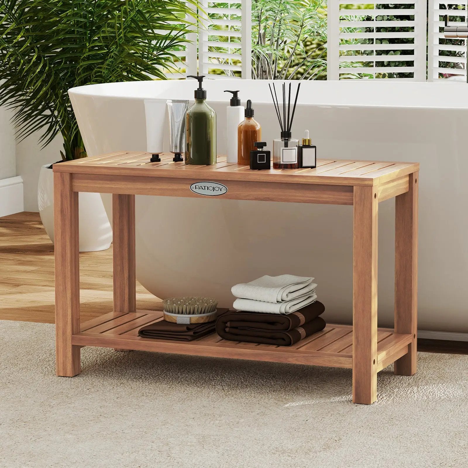 30 Inch Teak Wood Shower Bench Inside Shower Stool with Storage Shelf by DirectDeals