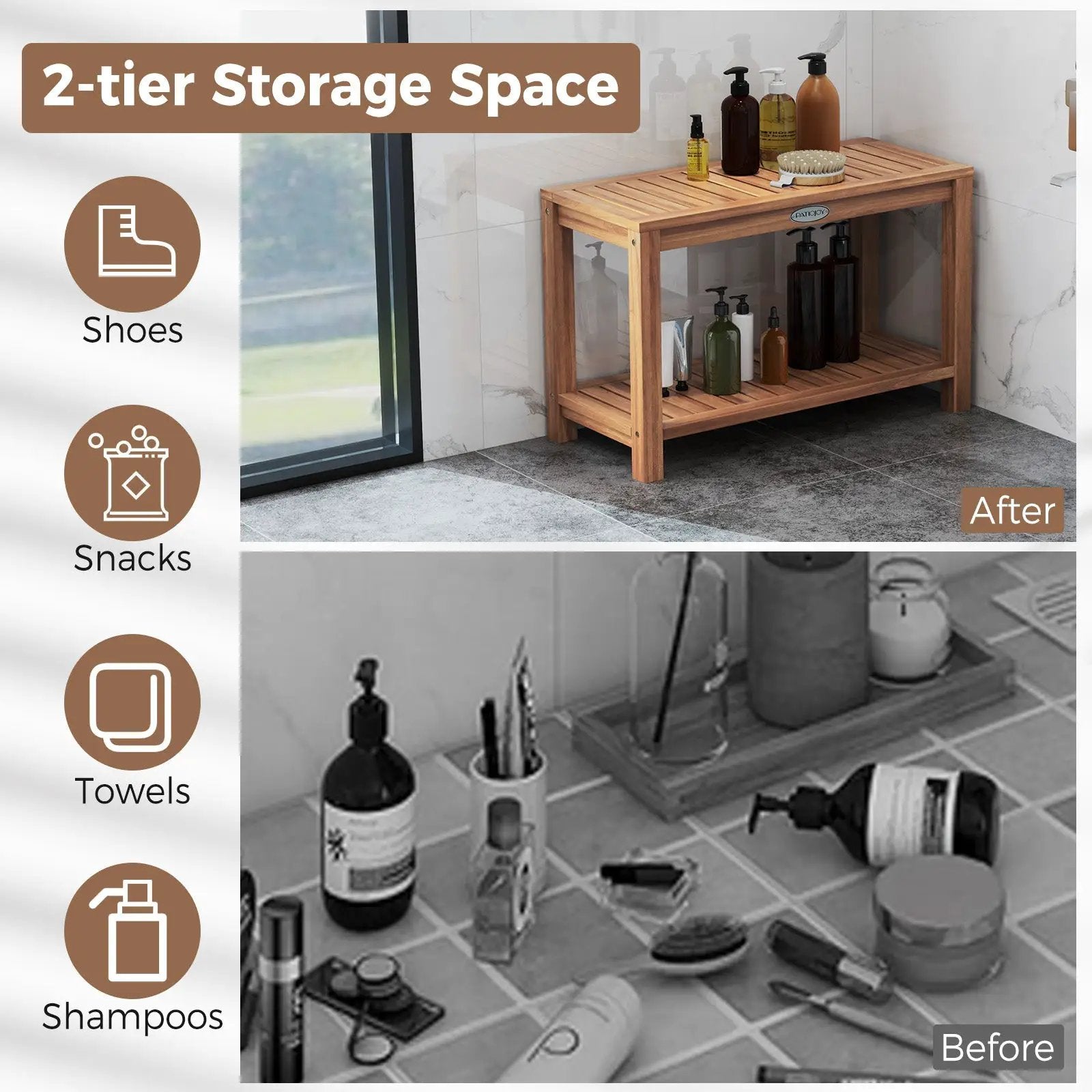 30 Inch Teak Wood Shower Bench Inside Shower Stool with Storage Shelf by DirectDeals