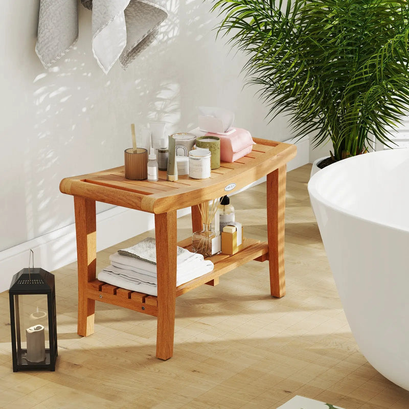 30 Inches Large Teak Shower Stool with Storage Shelf and Non-slip Footpads by DirectDeals