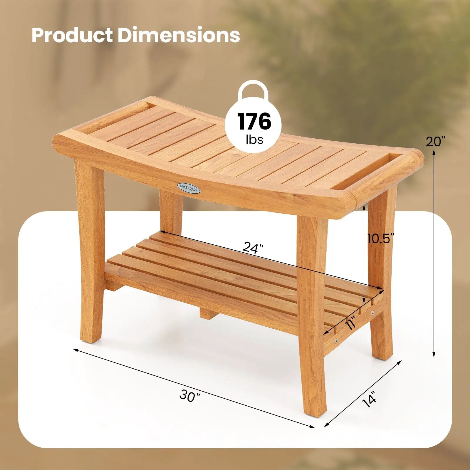 30 Inches Large Teak Shower Stool with Storage Shelf and Non-slip Footpads by DirectDeals