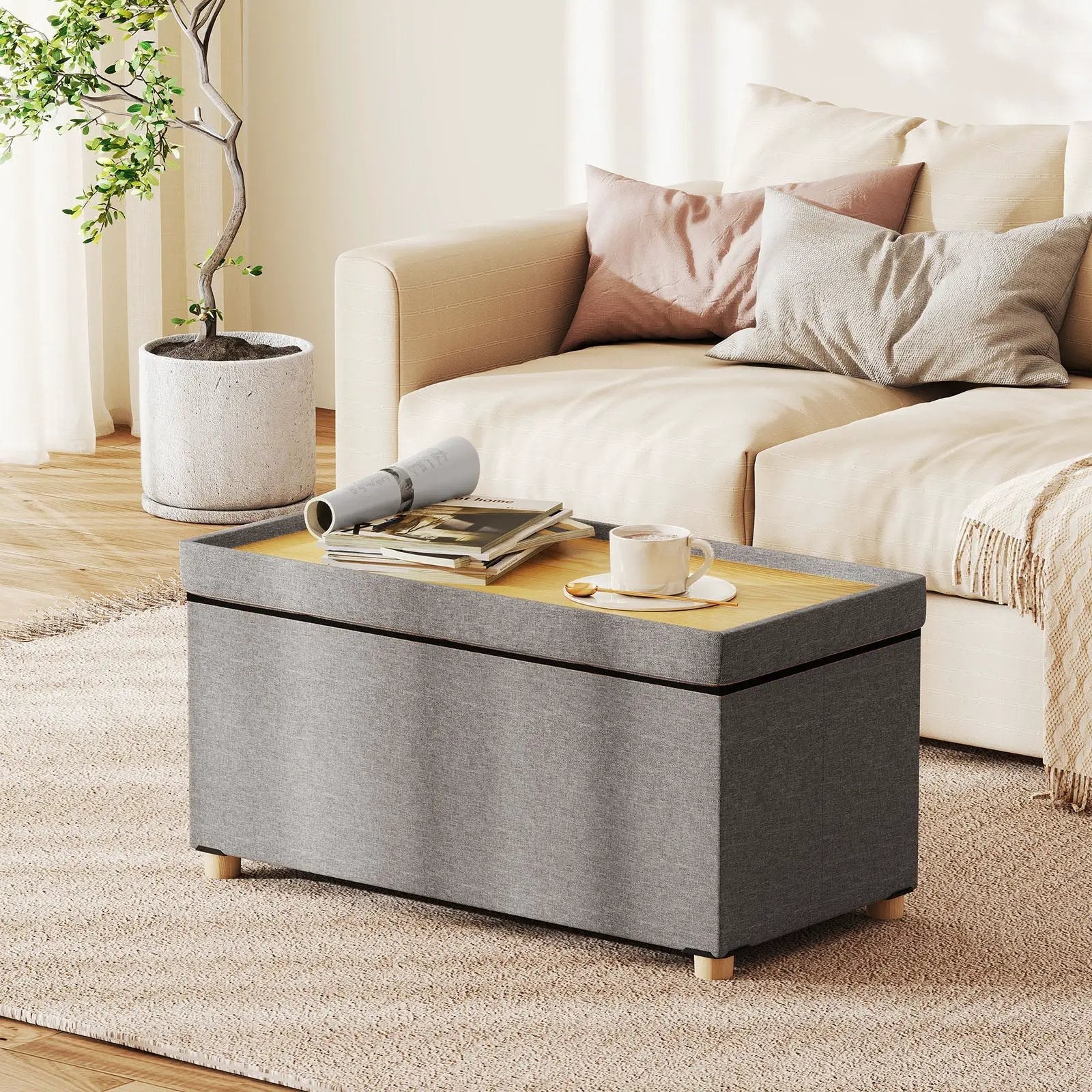 30 Inches Storage Ottoman Bench with Tray and Rubber Wood Legs-Gray by DirectDeals