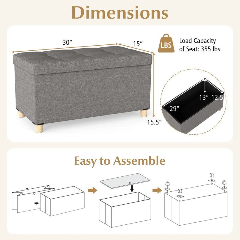 30 Inches Storage Ottoman Bench with Tray and Rubber Wood Legs-Gray by DirectDeals