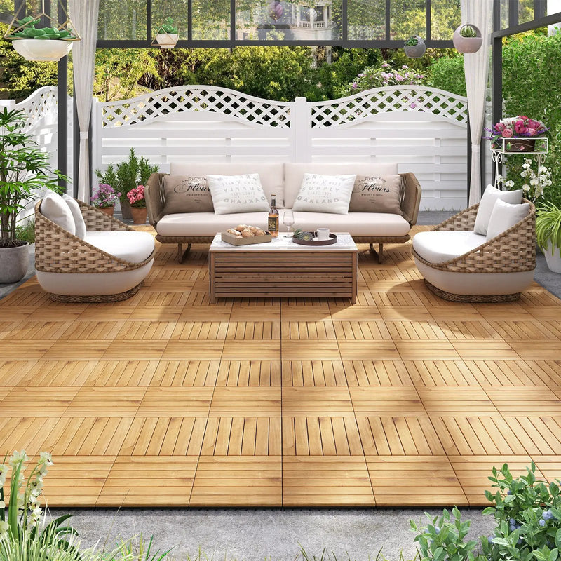 30 PCS Interlocking Deck Tiles 12 x 12 Inch Acacia Wood Patio Tiles with Straight Slats-Natural by DirectDeals