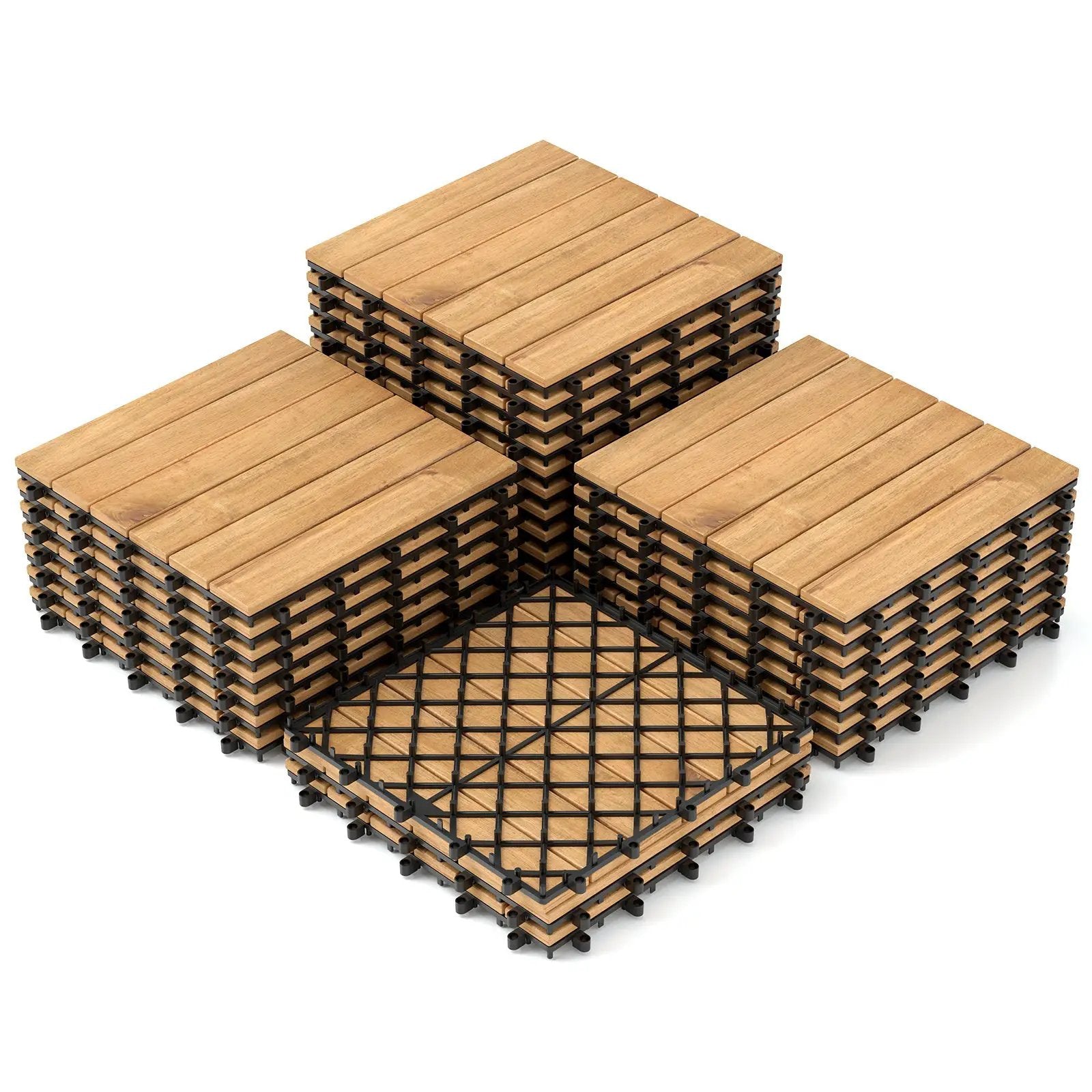 30 PCS Interlocking Deck Tiles 12 x 12 Inch Acacia Wood Patio Tiles with Straight Slats-Natural by DirectDeals