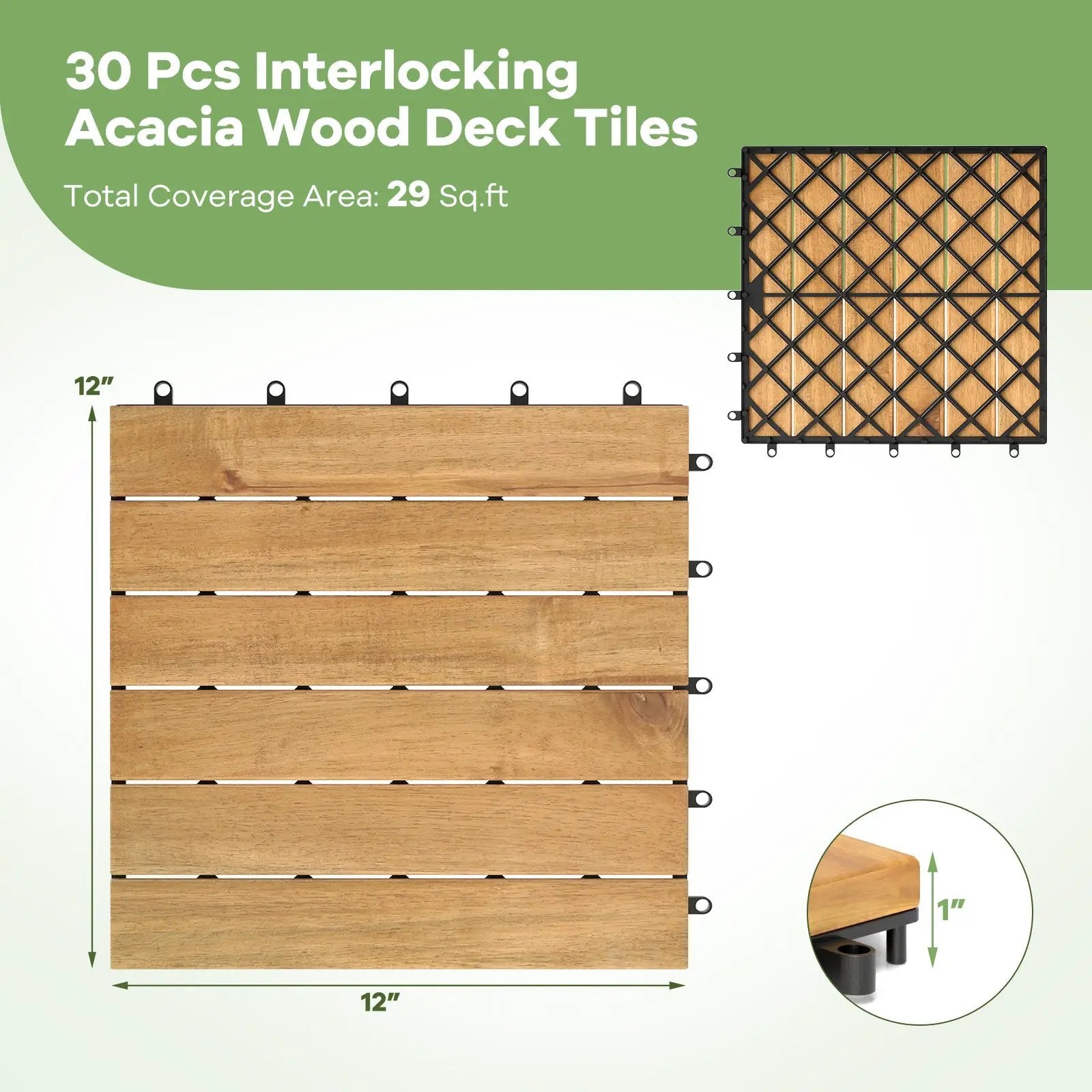 30 PCS Interlocking Deck Tiles 12 x 12 Inch Acacia Wood Patio Tiles with Straight Slats-Natural by DirectDeals
