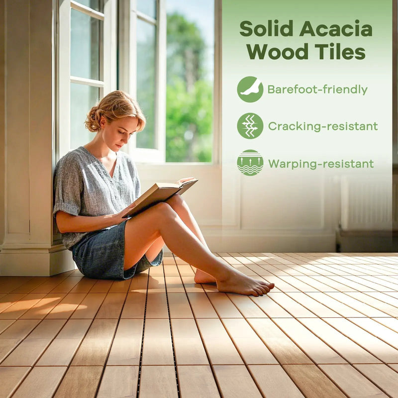 30 PCS Interlocking Deck Tiles 12 x 12 Inch Acacia Wood Patio Tiles with Straight Slats-Natural by DirectDeals