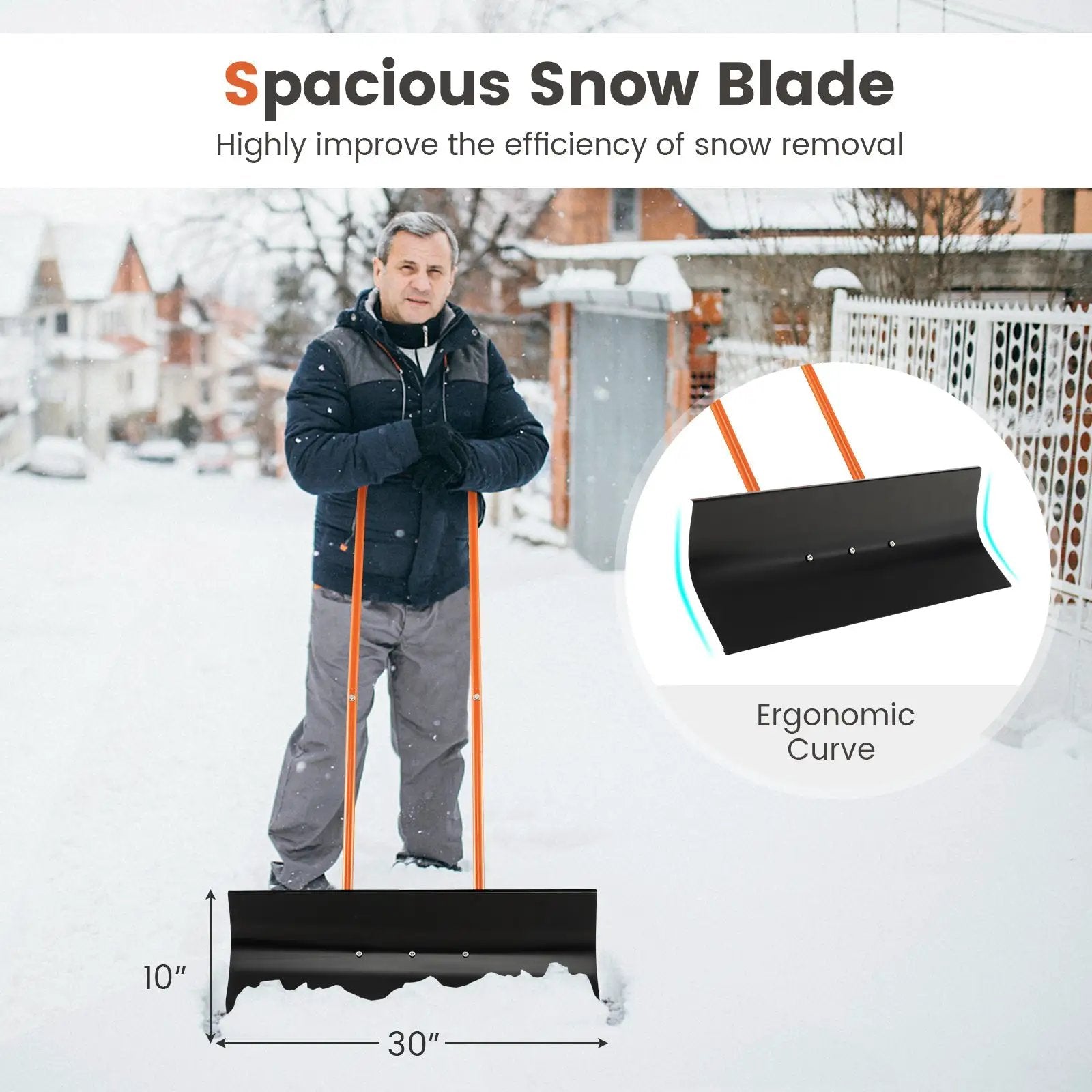Snow Shovel with Wheels with 30 Inches Wide Blade and Adjustable Handle-Orange by DirectDeals
