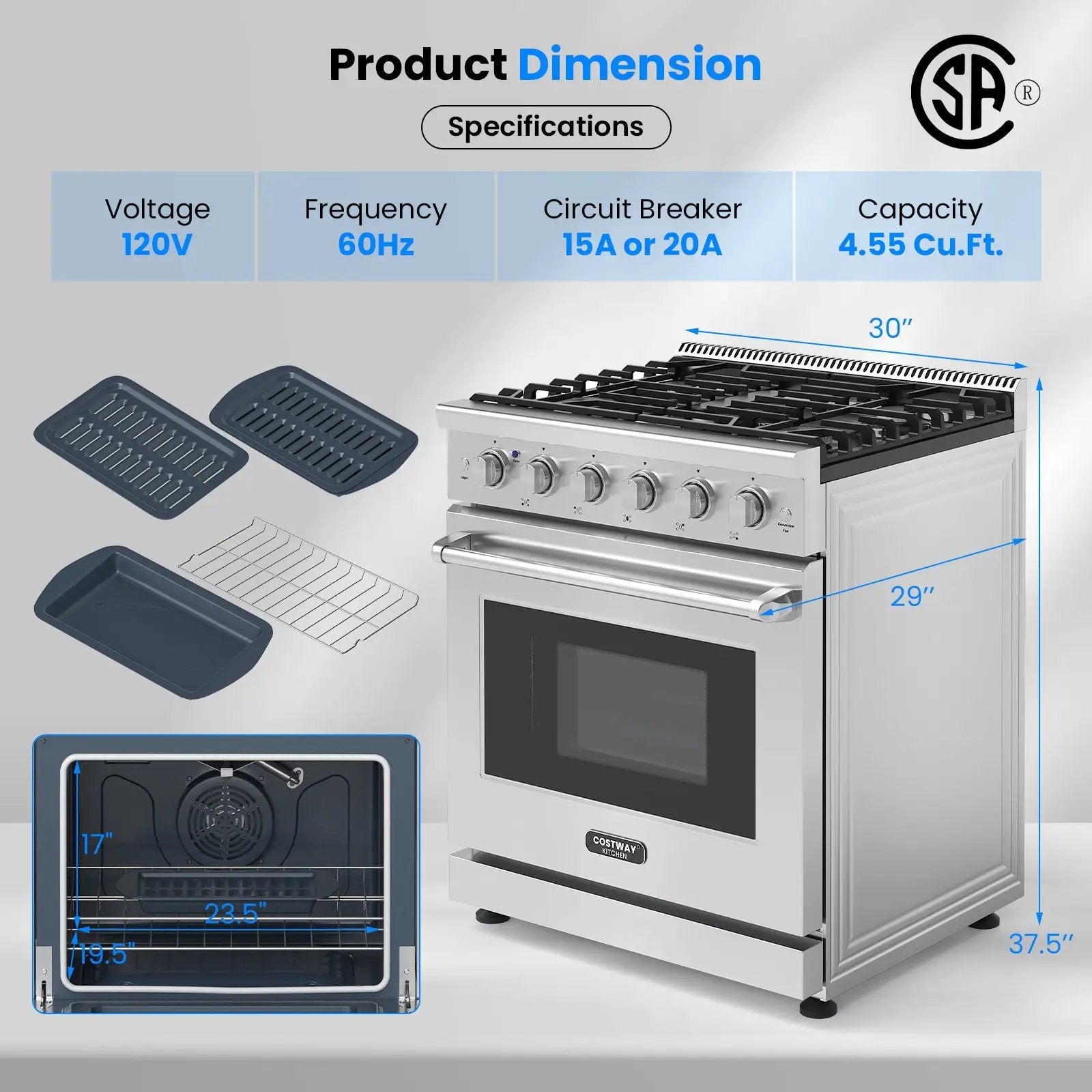 30 Inches 120V Natural Gas Range with 5 Burners Cooktop by DirectDeals