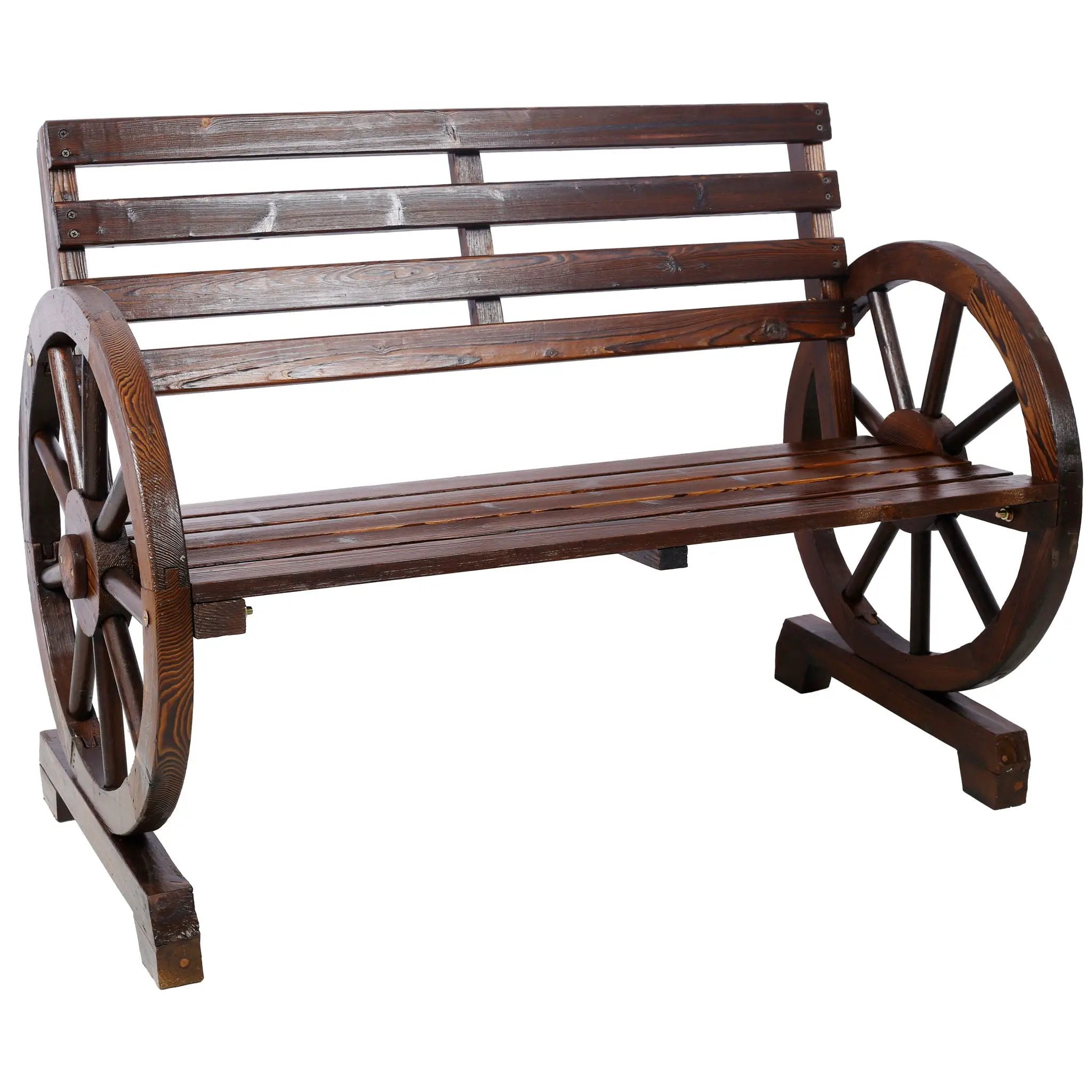 Rustic Country 2 Person Wooden Wagon Wheel Bench With Slatted Seat And Backrest - Brown by HouseOfZazla