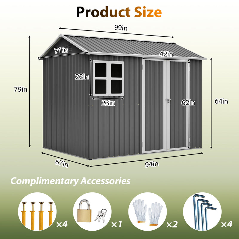 8'x6' Large Steel Storage Shed with Window, Lockable Doors & Sloped Roof by HouseOfZazla