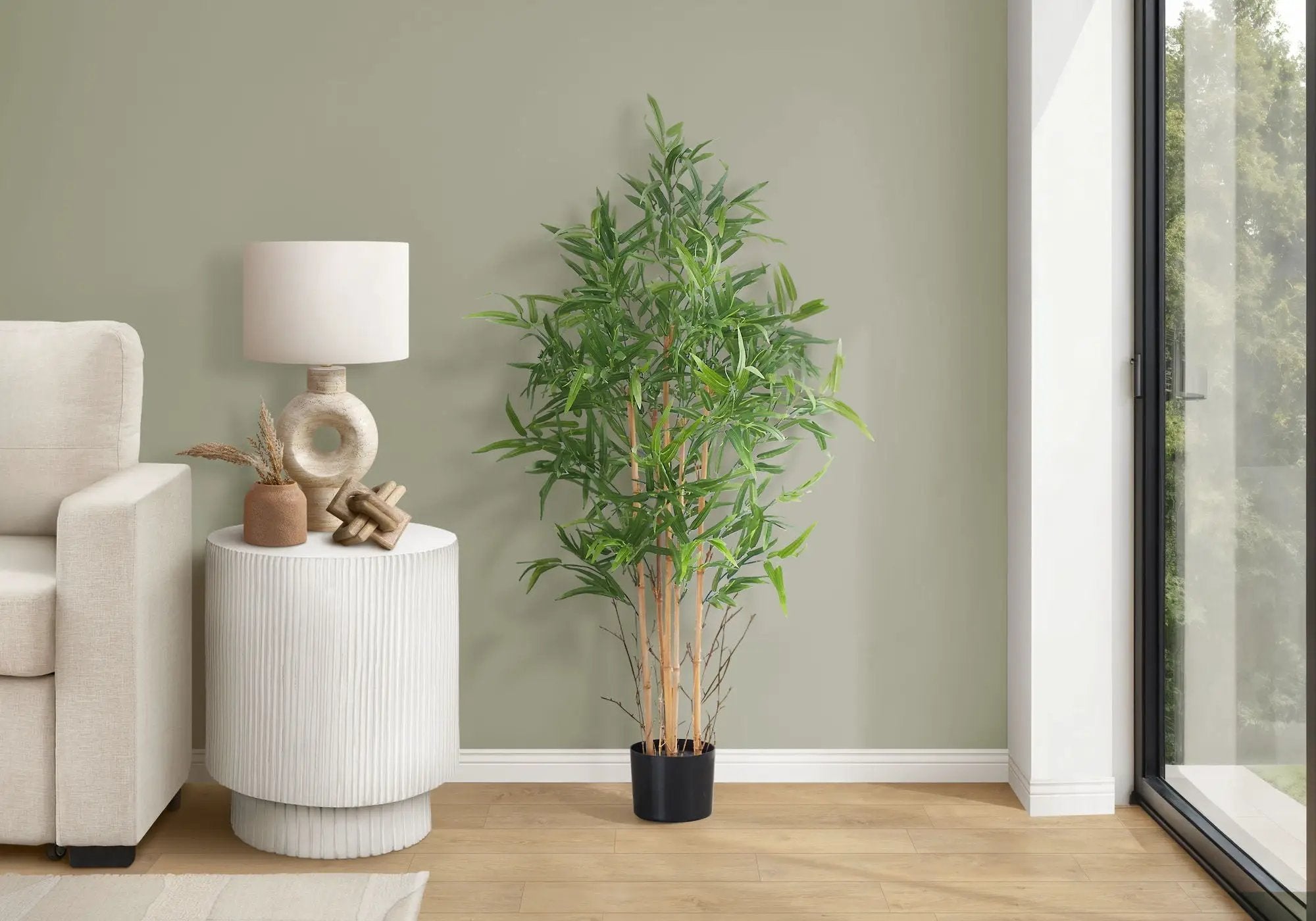 50" Tall, Artificial Plant, Bamboo Tree, Indoor, Faux, Fake, Floor, Greenery, Potted, Decorative - Green / Black by Unique Piece Furniture