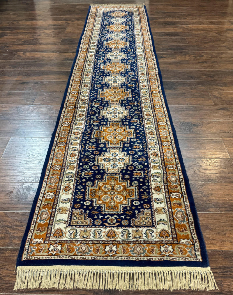 Indo Persian Runner Rug 2.6 x 12.7, Indian Kashmiri Runner for Hallway or Kitchen, Navy Blue, Geometric Medallions, Handmade Wool by Jewel Rugs